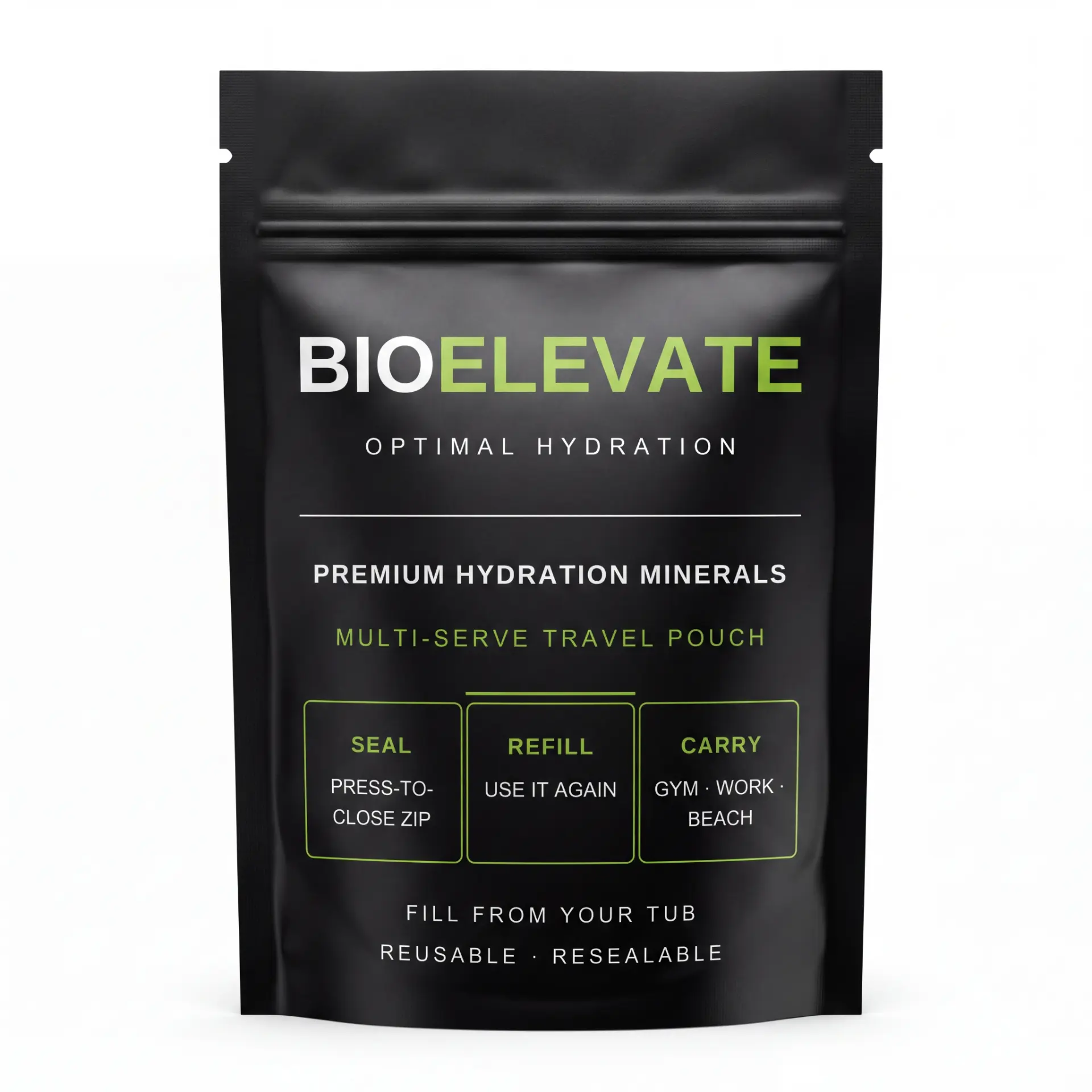 Bioelevate multi-serve resealable travel pouch